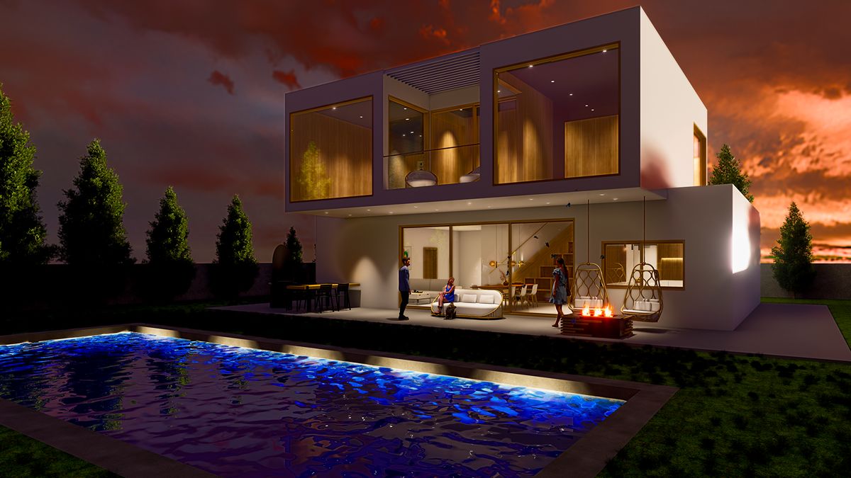 Render nocturno vivienda unifamiliar contemporánea con fachada blanca y volúmenes limpios de noche, ARQ-T