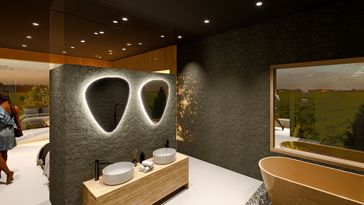Render interior baño de una vivienda unifamiliar contemporánea, ARQ-T