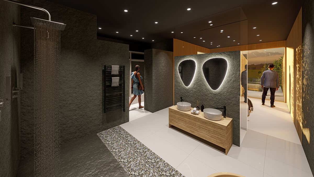 Render interior baño de una vivienda unifamiliar contemporánea, ARQ-T