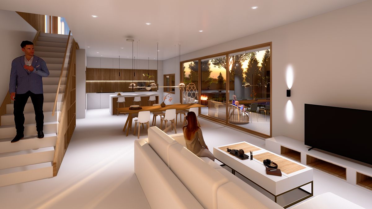 Render interior salón de una vivienda unifamiliar contemporánea, ARQ-T