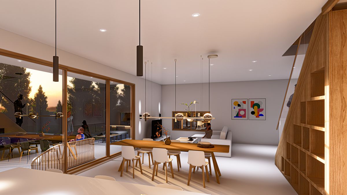 Render interior salón de una vivienda unifamiliar contemporánea, ARQ-T