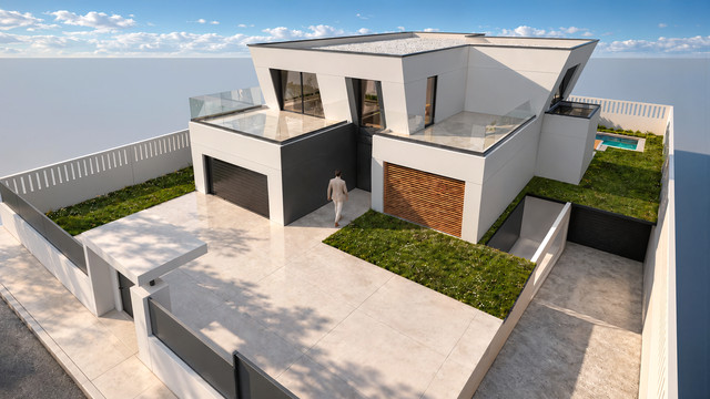 Casa Prisma: vista elevada de la entrada, el garaje y los volúmenes blancos de la vivienda
