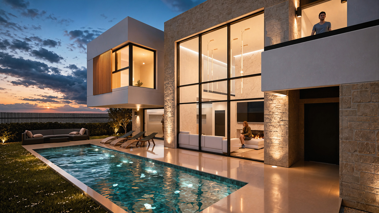 Villa Magna: piscina junto a la fachada acristalada de doble altura al anochecer