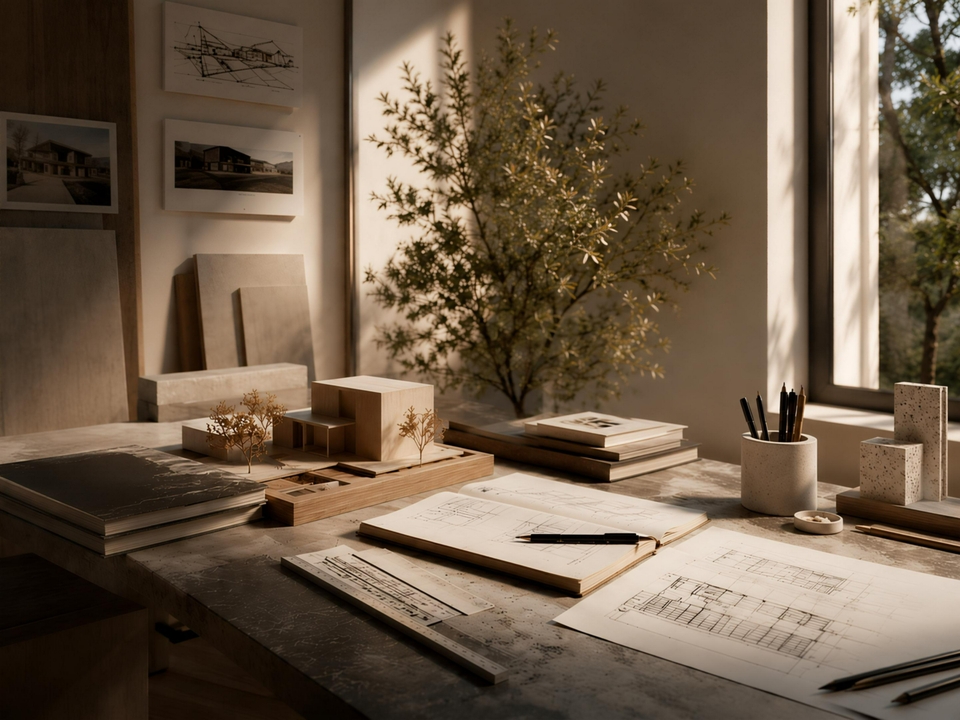 Mesa de trabajo de arquitectura con planos, maquetas y muestras de materiales