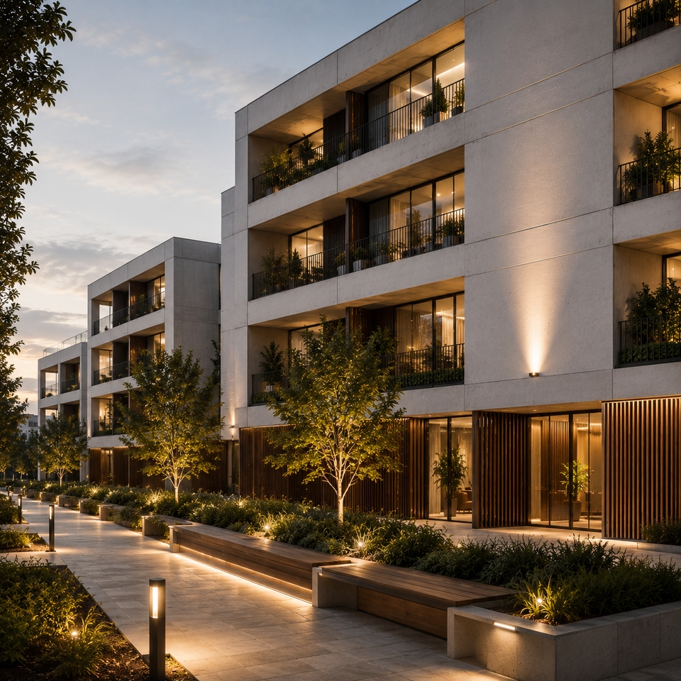 Edificios de viviendas con terrazas, jardines y accesos iluminados
