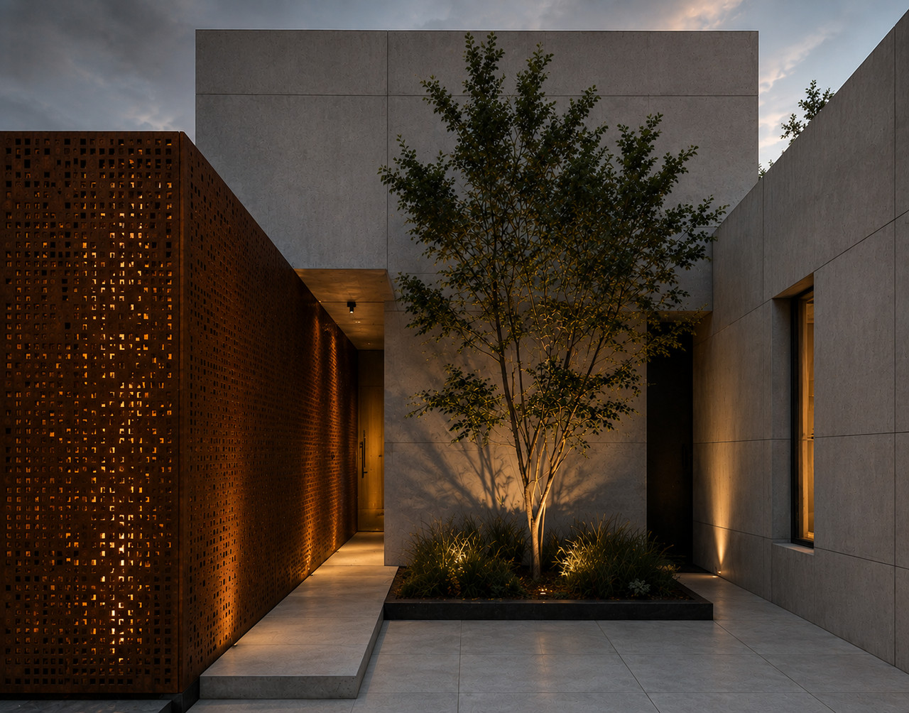 Entrada de vivienda con patio, árbol y cerramiento de lamas iluminado