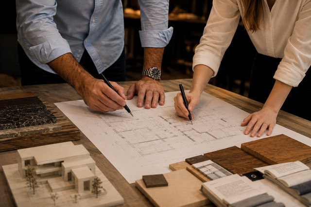Dos personas revisan planos junto a una maqueta y muestras de materiales